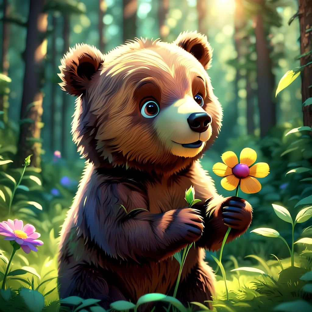 Cute Brown Bear Cub Sniffs Flower: Pixar Style