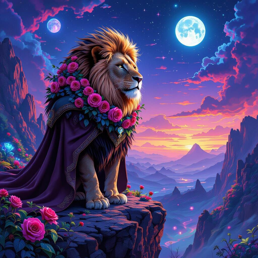 Lion with Rose Mane in Surreal Landscape