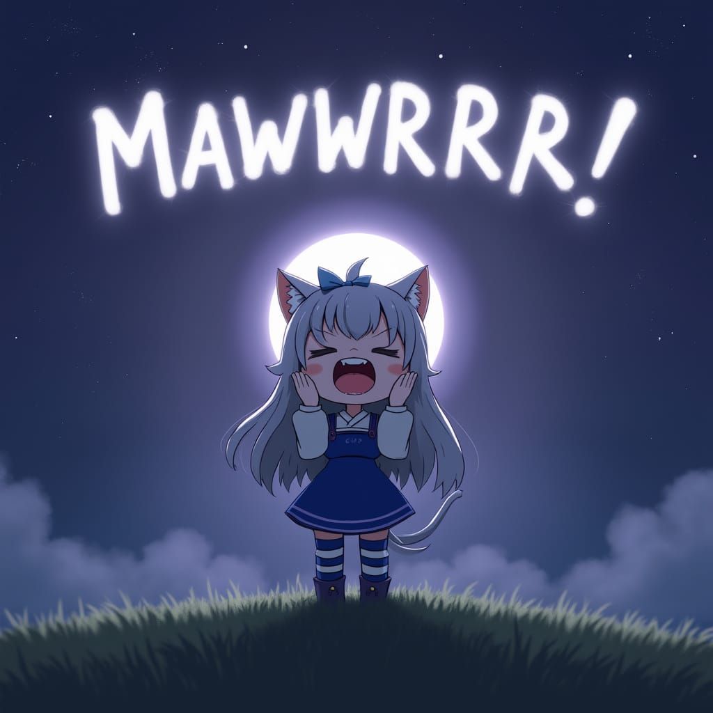 Adorable Anime Catgirl Shouts Passionately Under the Stars