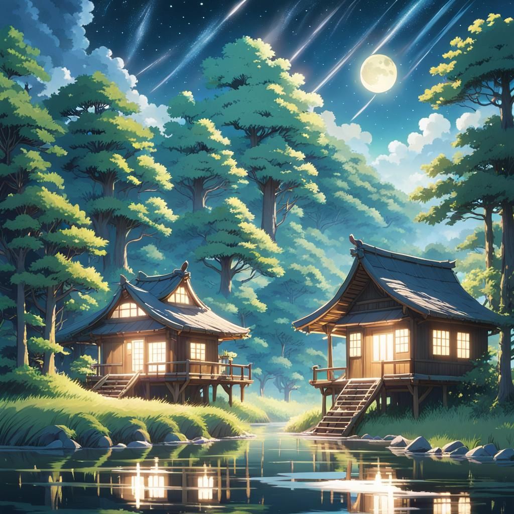 Fantasy Forest Huts Under Starry Cloudcore Sky