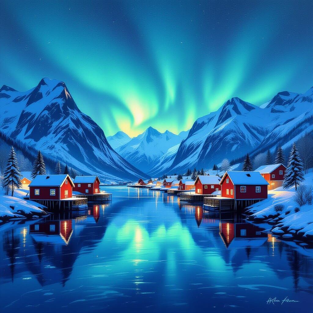 Fjord Village Under Northern Lights as Watercolor Art