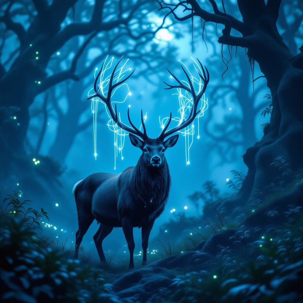 Majestic Stag With Fiber Optic Antlers In Ancient Forest