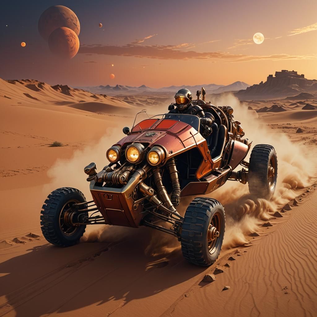 Martian Dune Buggy Race at Sunset in Steampunk Style