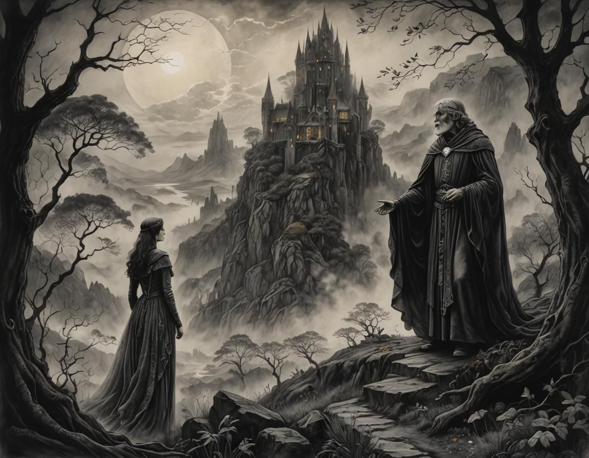 Mystical Avalon Landscape with Merlin and Morgana