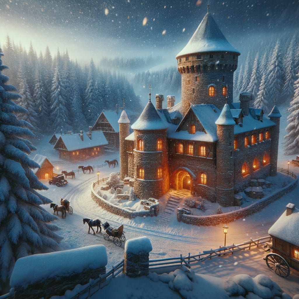 Winter Medieval Keep At Dusk