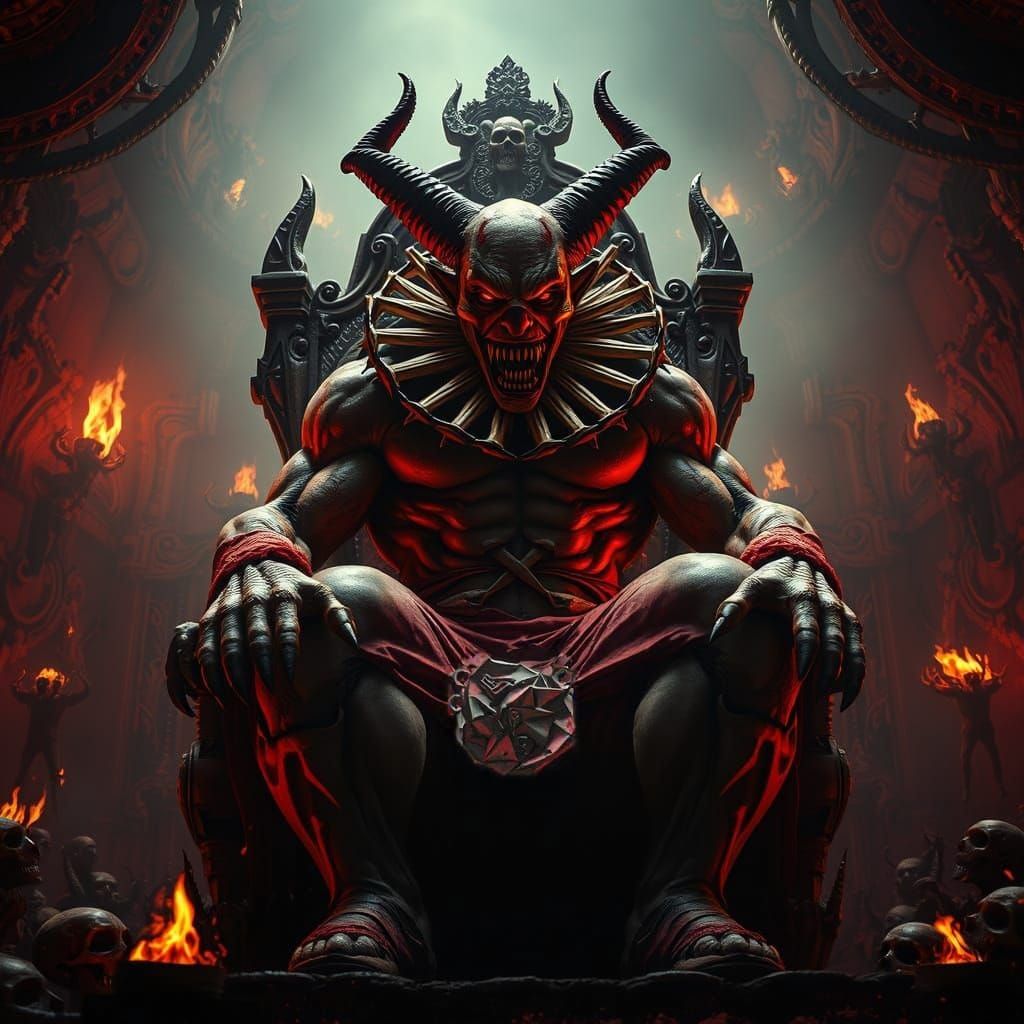 Hellish Demon King in Tattered Clown Attire Reigns Over Dark...