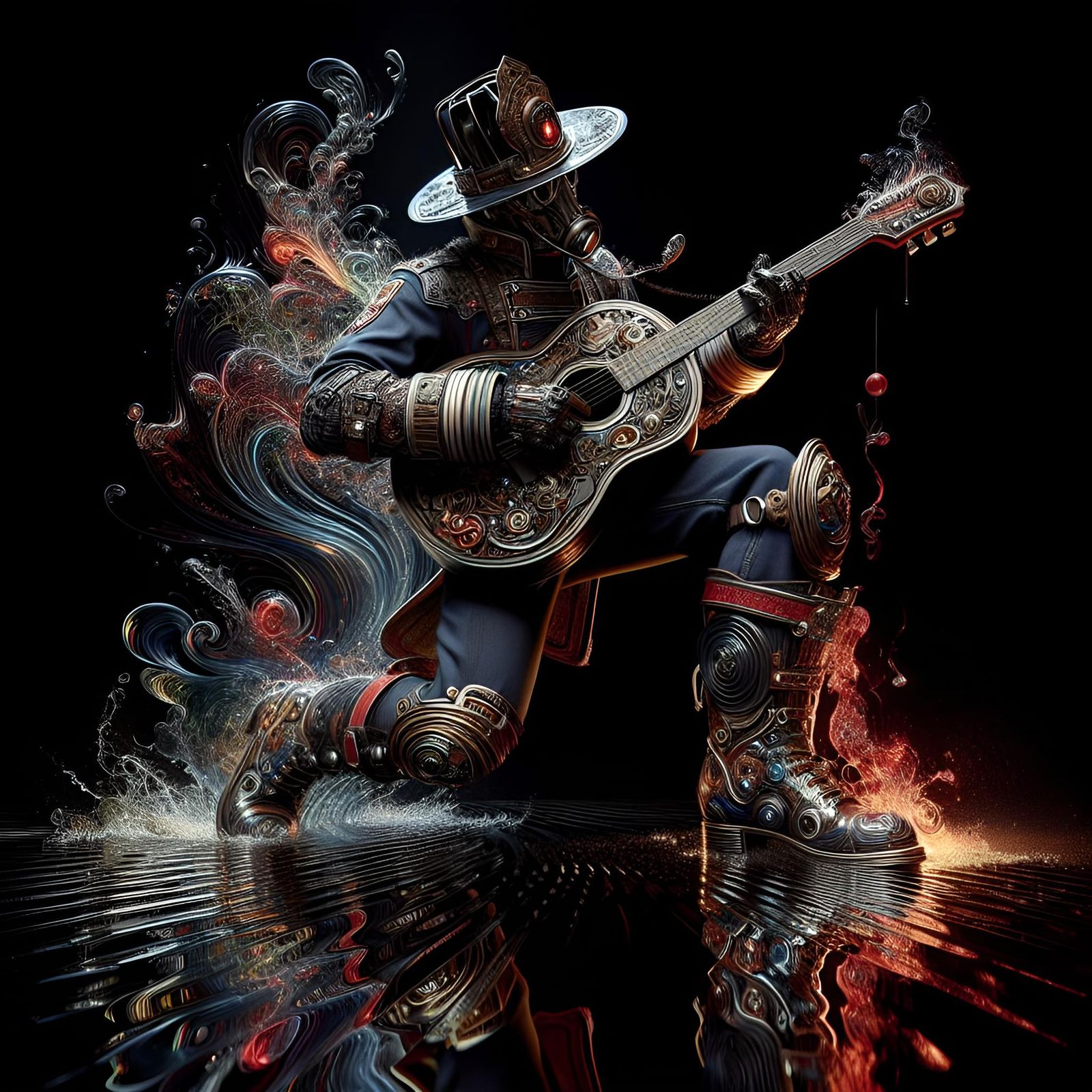 Steampunk Firefighter's Dance in Tenebrist Art Style