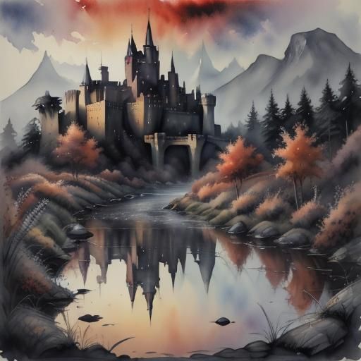 Monochrome Watercolor Castle Landscape with River