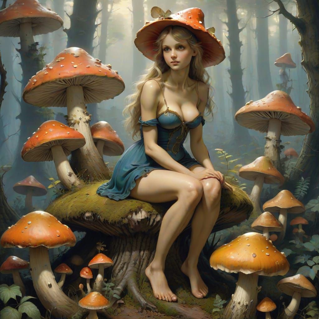 Whimsical Fairy Sits atop a Mushroom in a Soft Forest