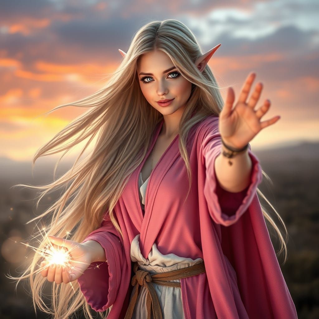Elven Enchantress Casts Mystical Spell in Hyperrealism