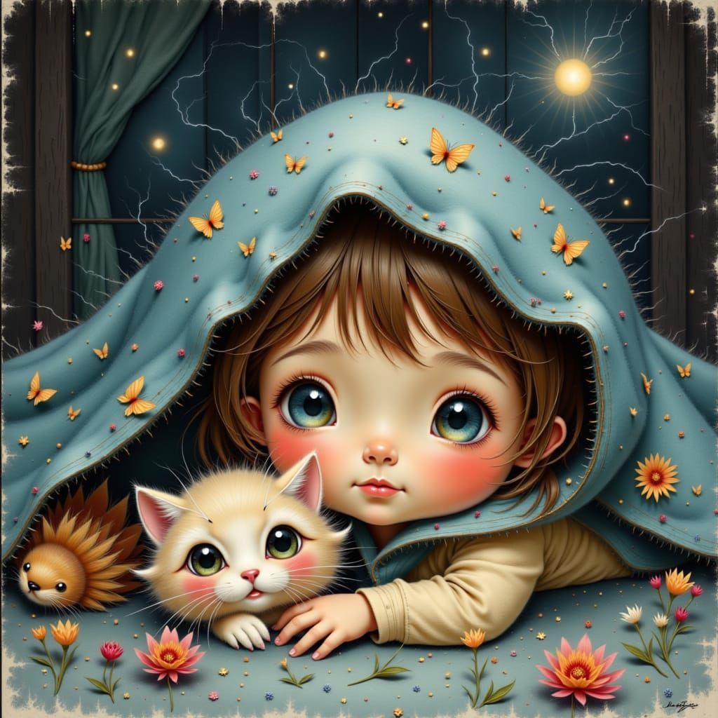 Girl and Kitten Shelter from Storm, Watercolor Illustration