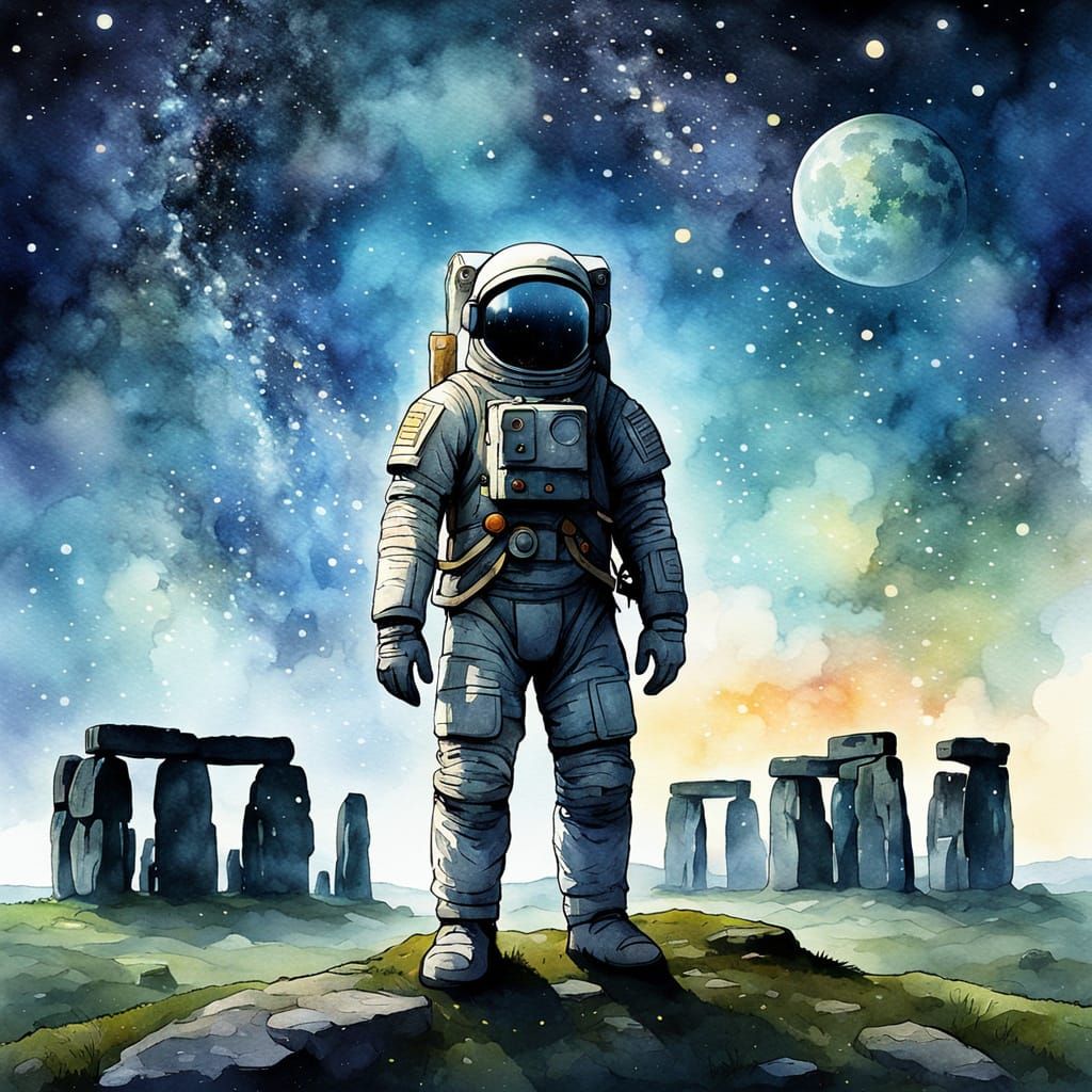 Spaceman at Stonehenge Under Starry Night Sky