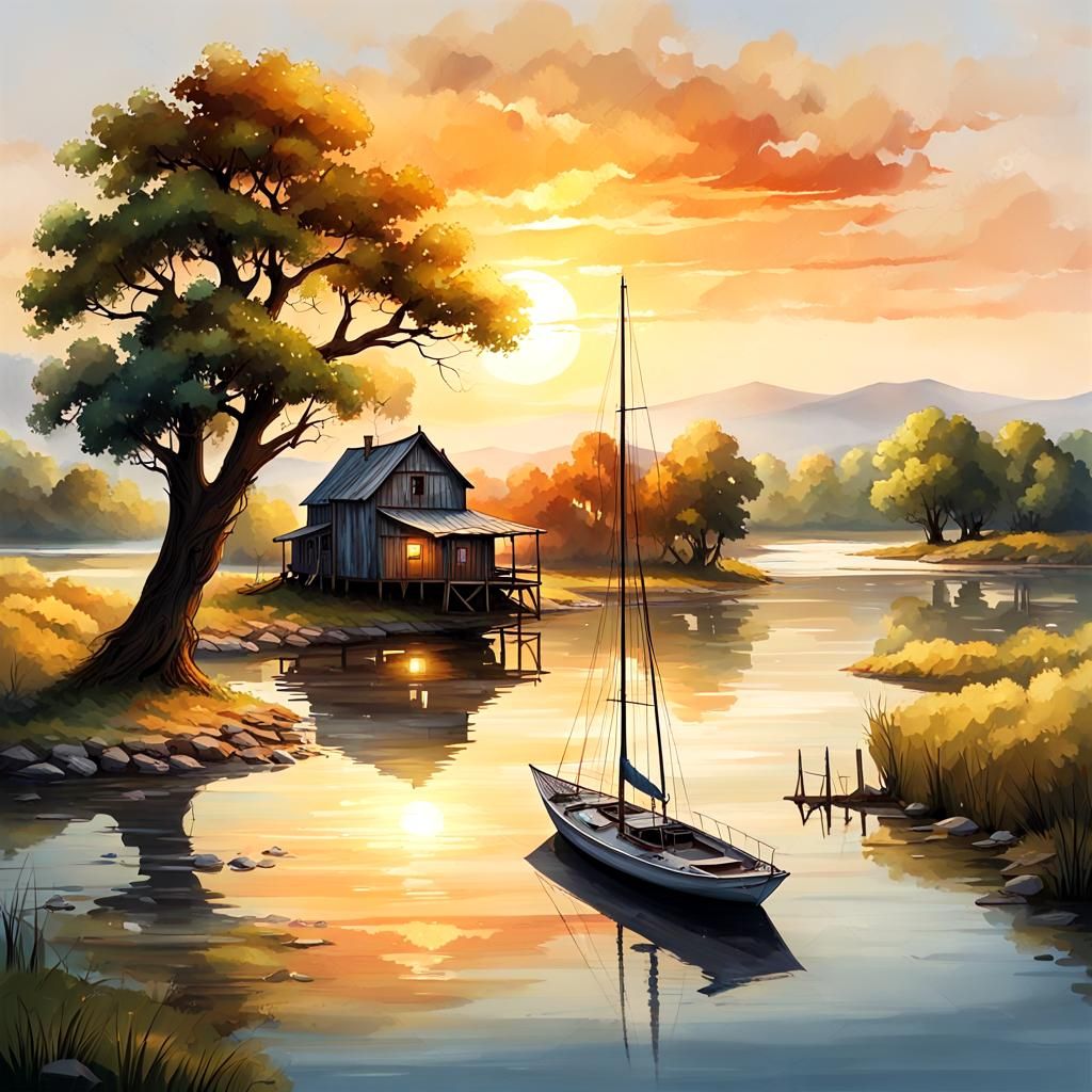 Sailboat on River at Sunset with Old Shacks