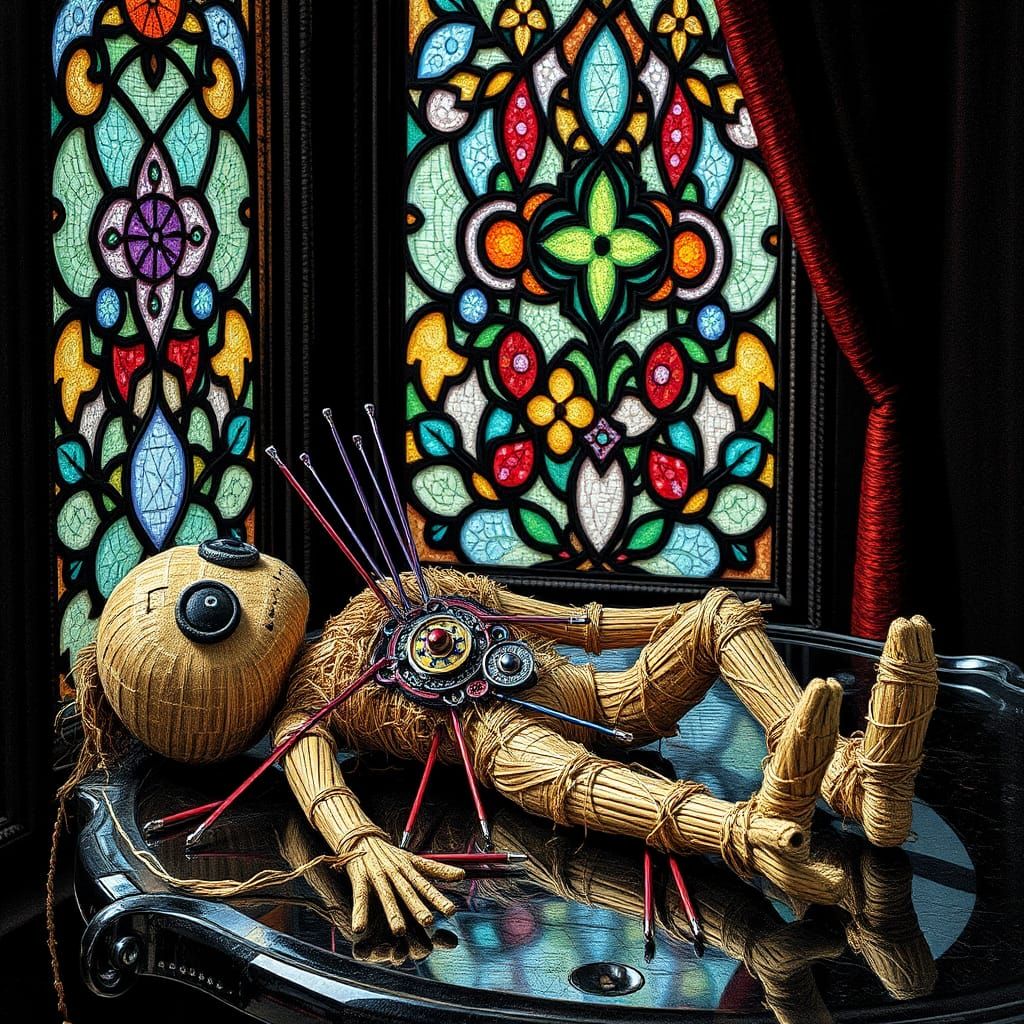 Voodoo Doll with Needles on Crystal Table