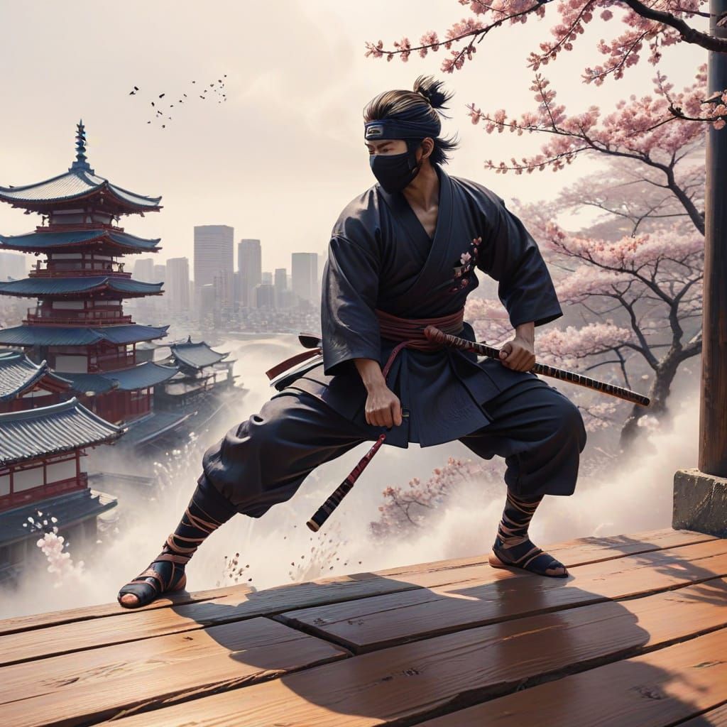 Manga-Style Ninja Rooftop Scene in Traditional Japanese Aest...