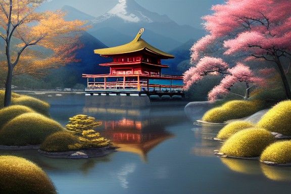Japanese Temple and Bridge Digital Painting