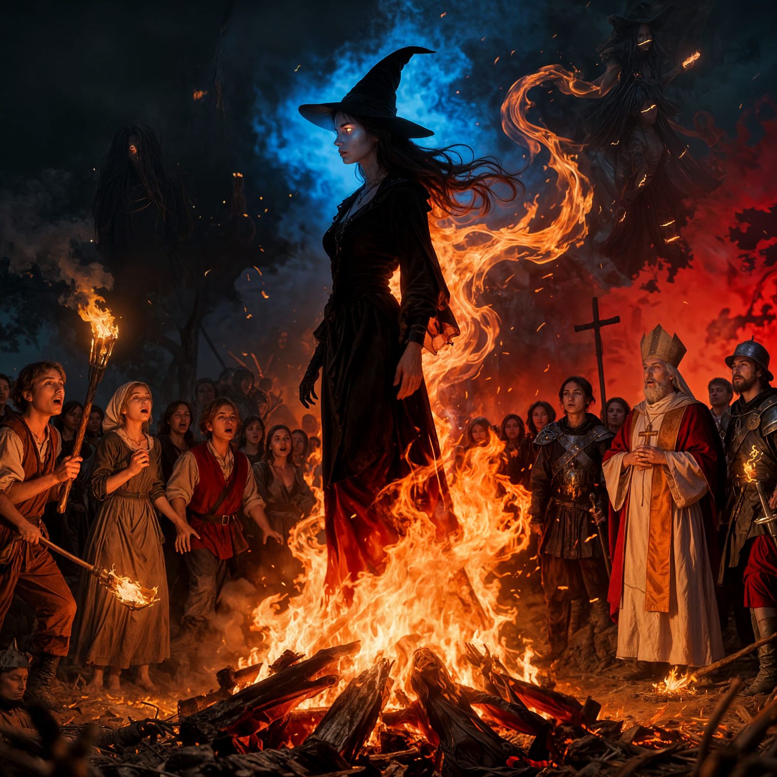 Witch Unharmed on Burning Pyre in Dark Fantasy Scene