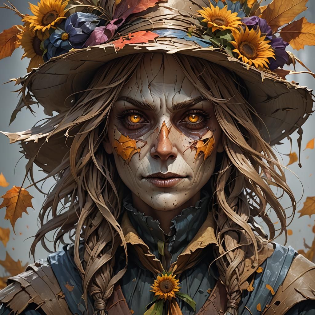 Sad Scarecrow Girl Portrait in Art Nouveau Style