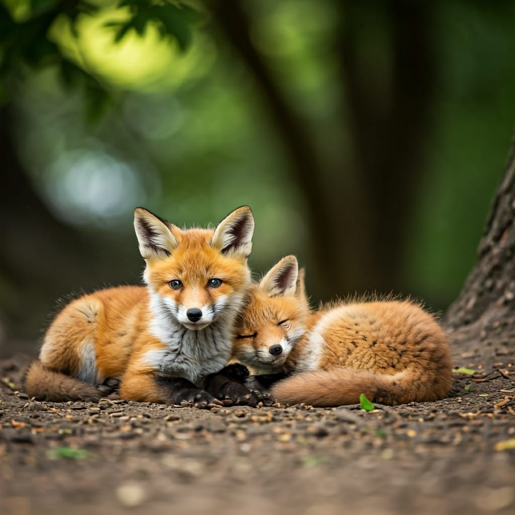 Relaxed Fox Cubs in the Shade: Photorealistic Image