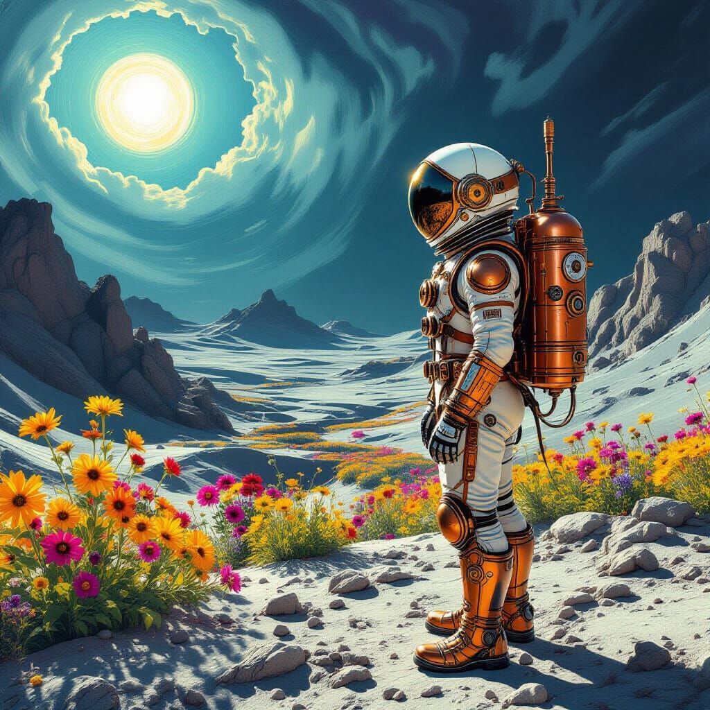 Steampunk Astronaut Gazing at Alien Garden