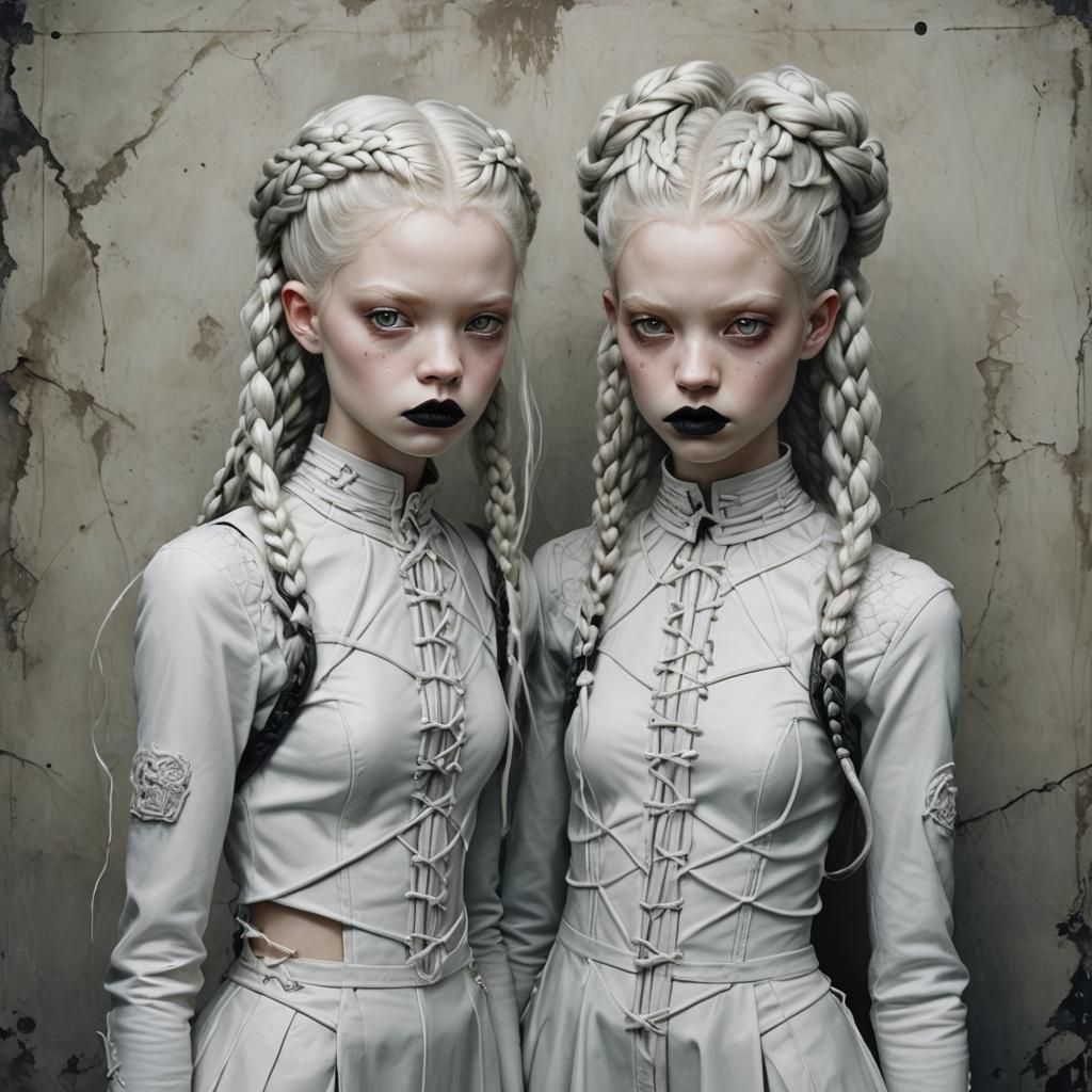 Pale twin sisters with braided hair