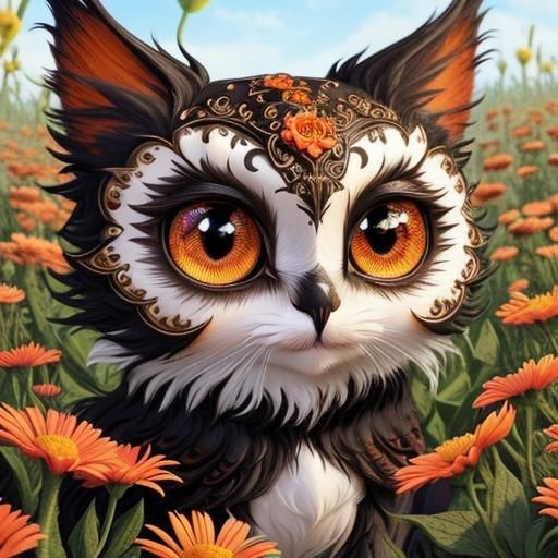 Cute Monster Cat in Flower Field: Fantasy Art