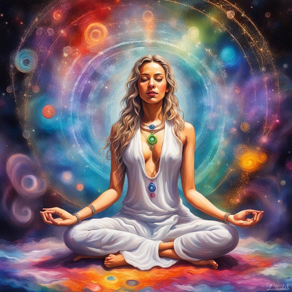 Goddess Meditating in Galaxy: Colorful Digital Art