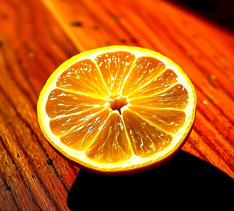 Freshly Cut Lemon on Oak Wood