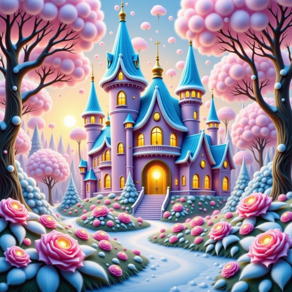 Whimsical Fairytale Castle in Winter Sunset
