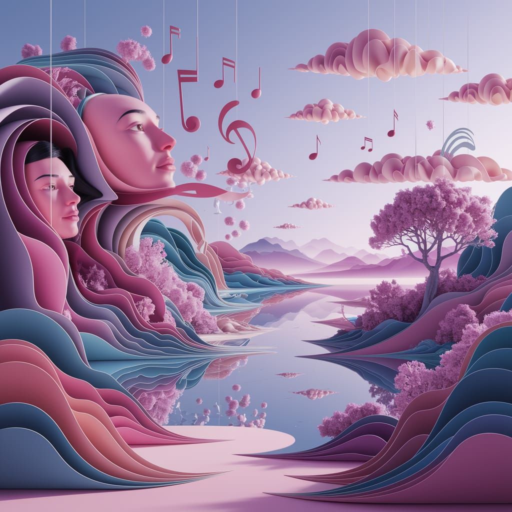 Ethereal Dreamscapes with Abstract Human Faces and Musical N...