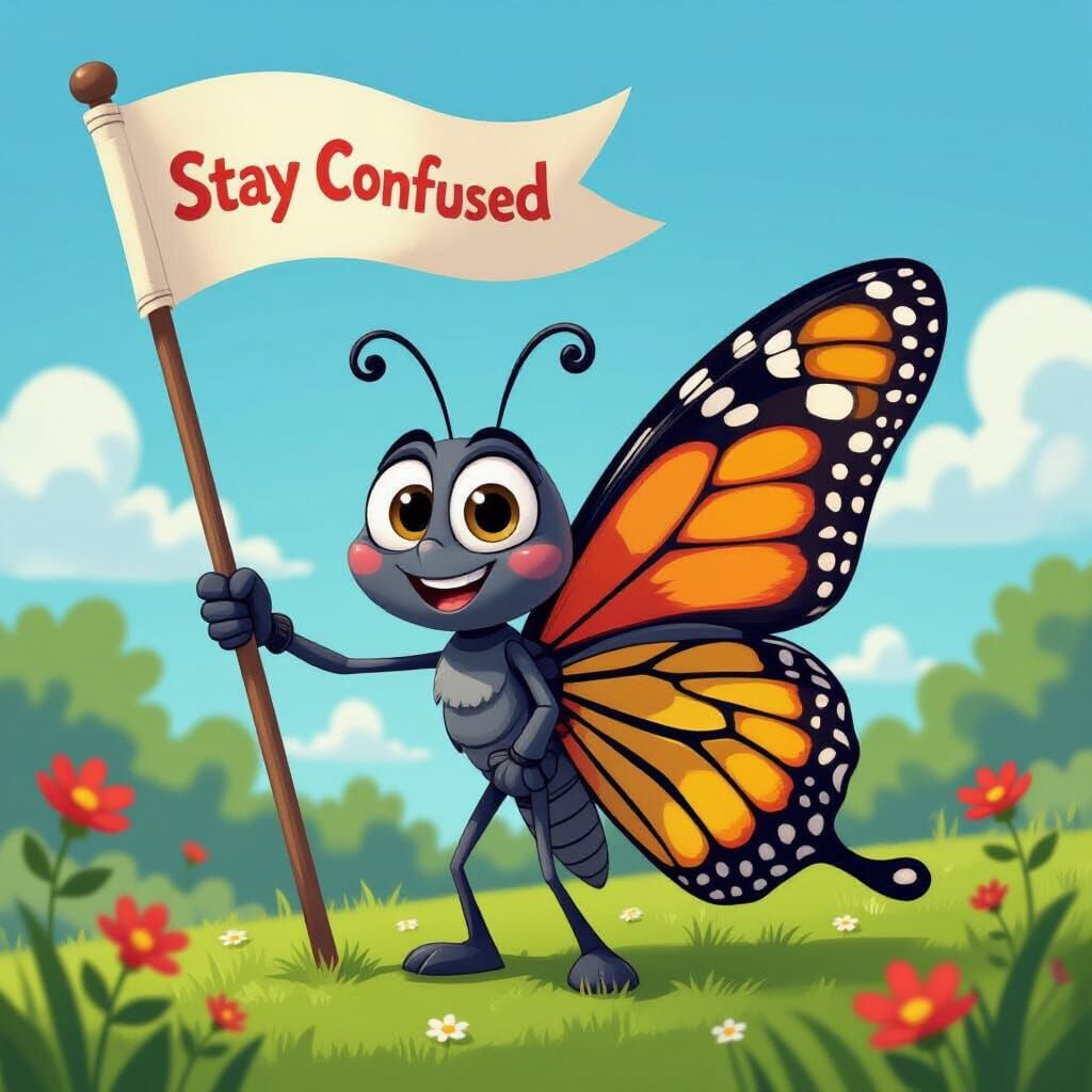 Cartoon Butterfly Waves Flag in Pixar Style