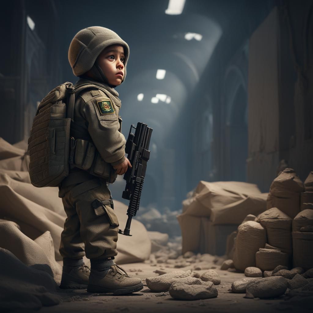 Depressed Child Soldier in War Zone: Photorealistic Art