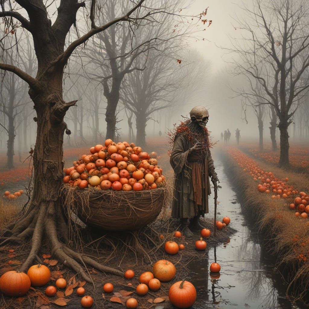 Grotesque Harvest Festival Nightmare in Foggy Surreal Style