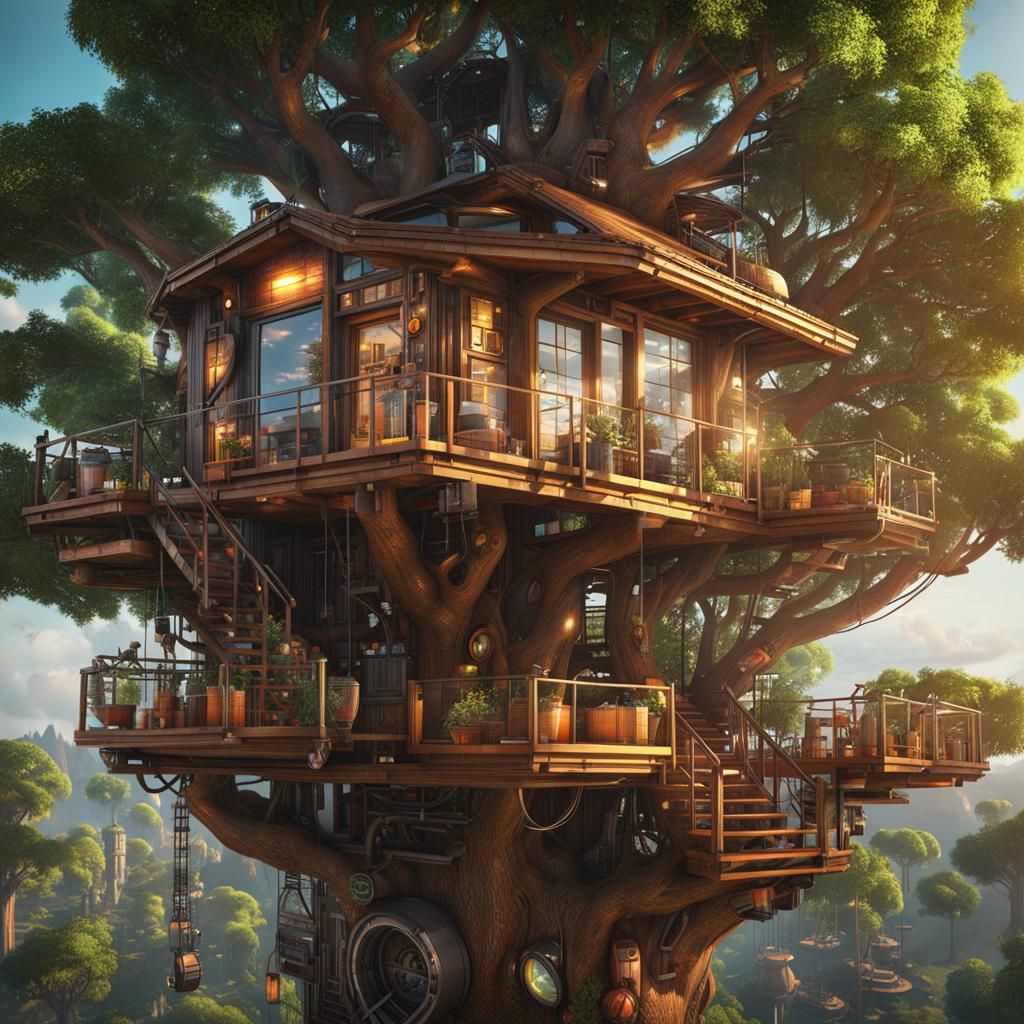 view of a tree house full of cutting-edge technological devi...