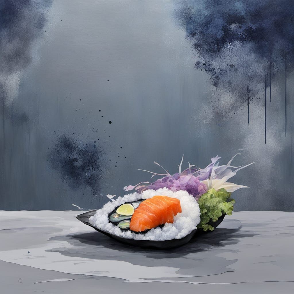 Surreal Cyberpunk Sushi Painting in Abstract Style