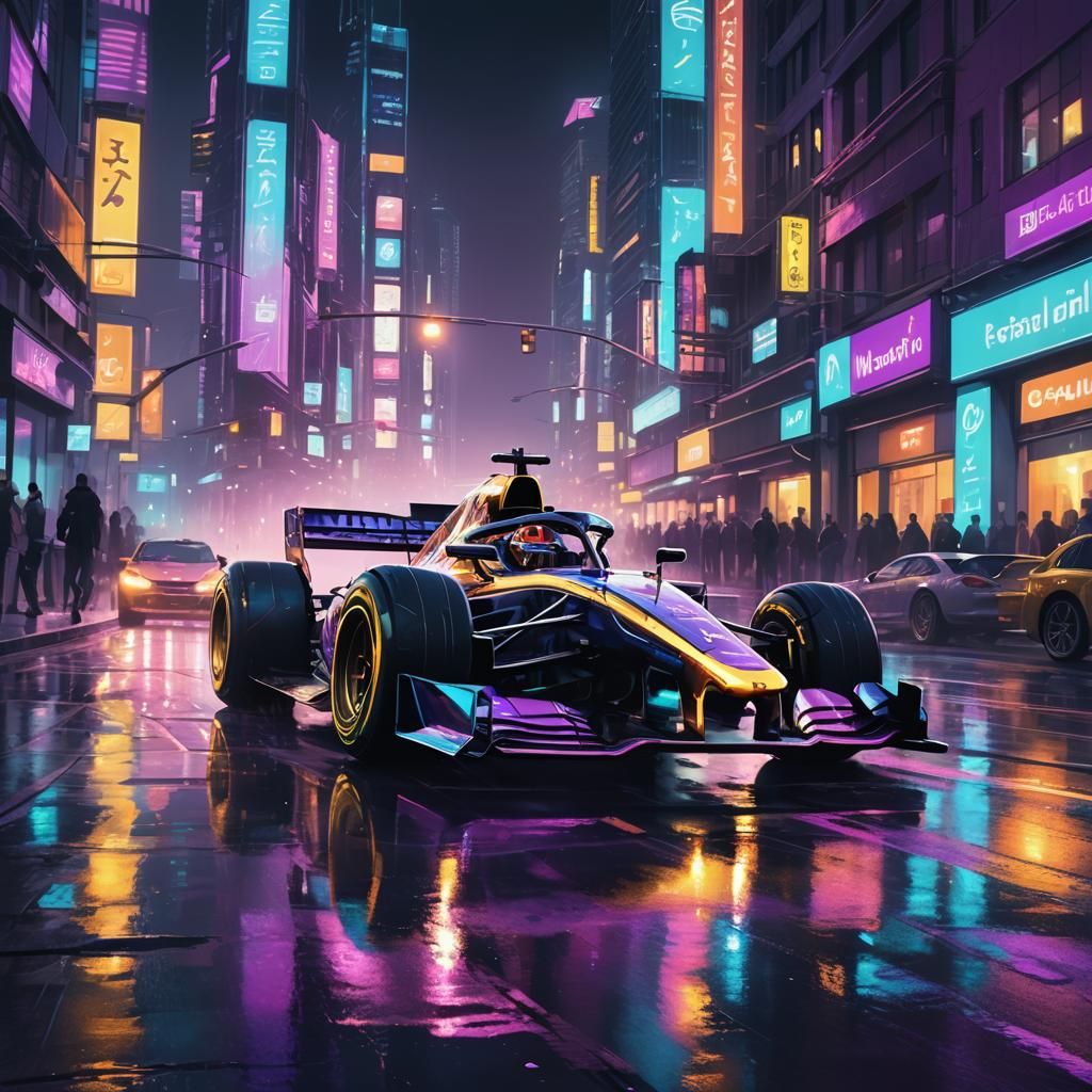 Futuristic F1 Car Races Through Neon Cityscape