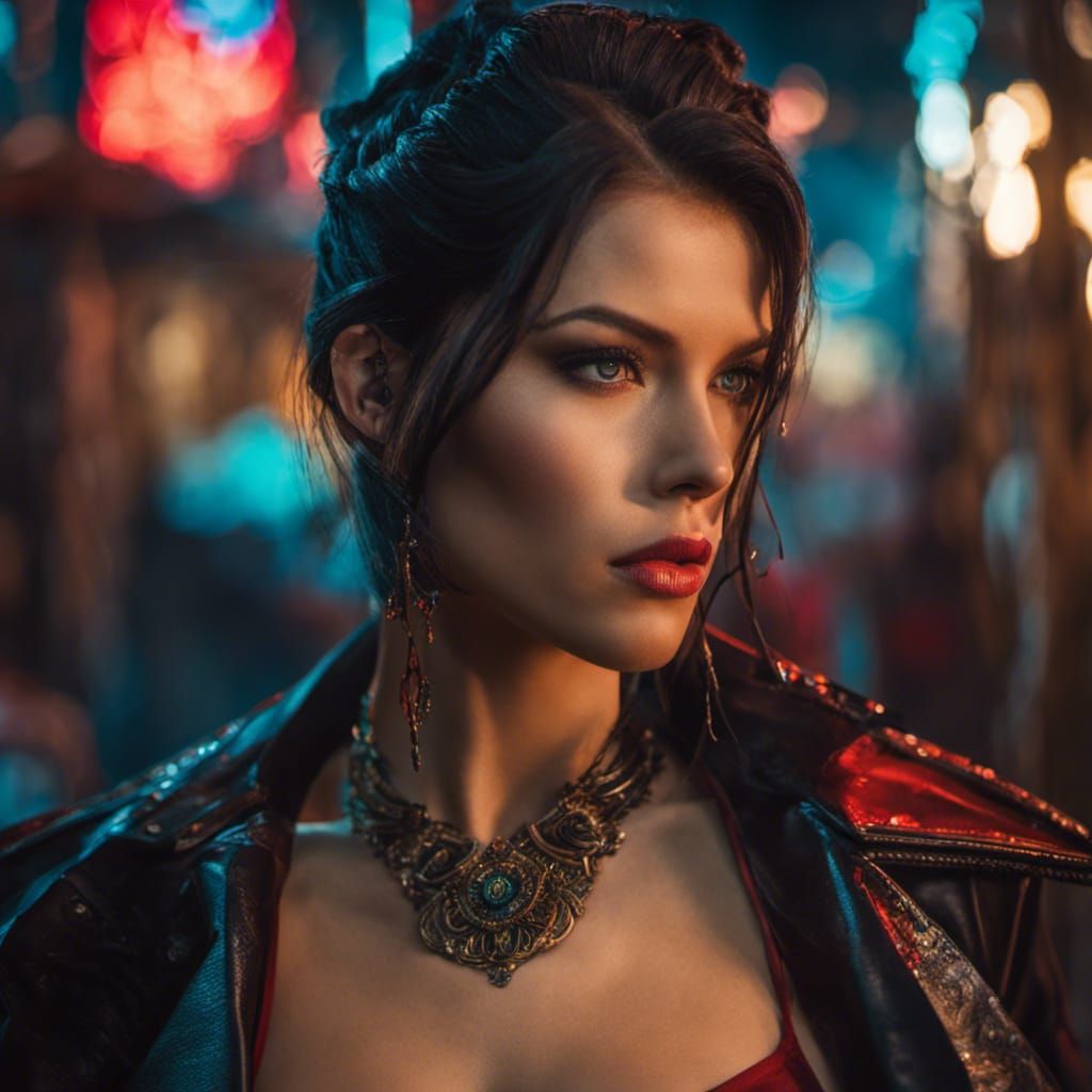 Female Vampire with Fangs in Cyberpunk Style