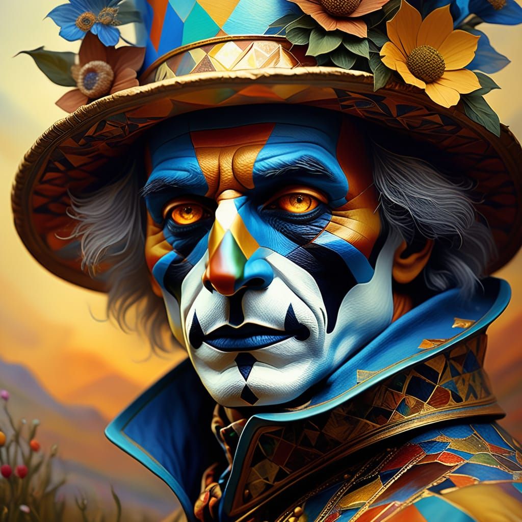 Harlequin Face Dissolving in Surreal Oil Painting