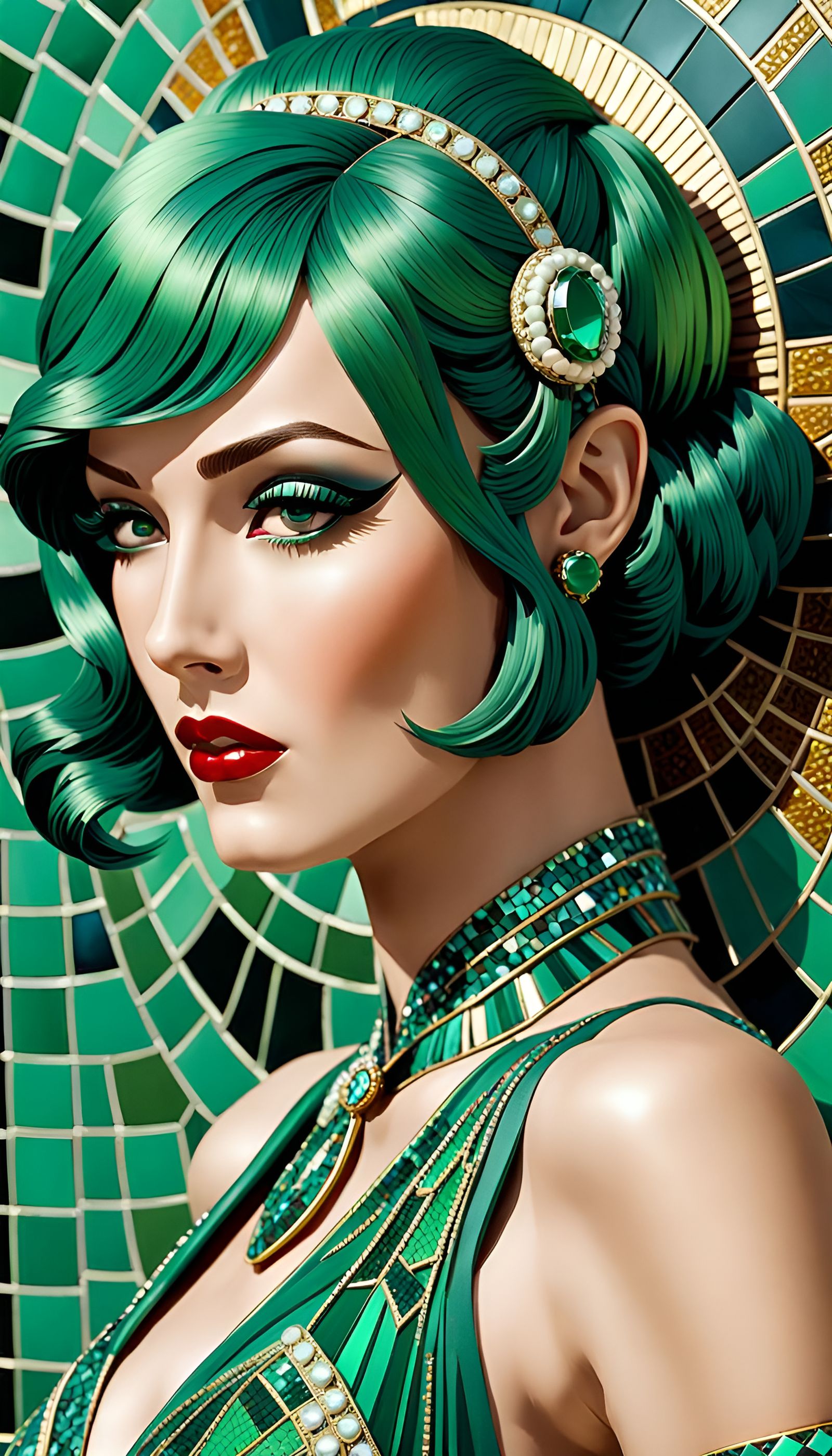 Art Deco Pin-Up Girl with Mosaic Background