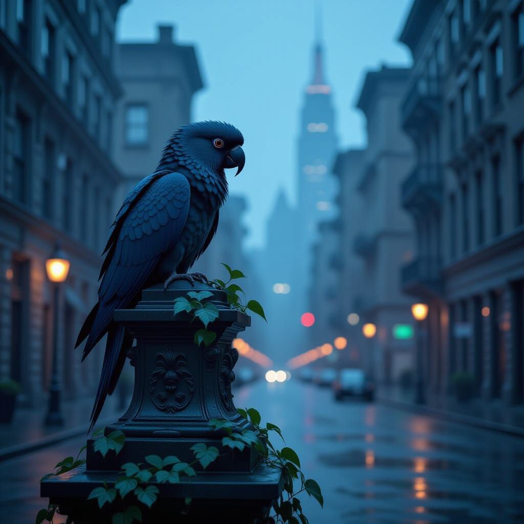 Spectral Parrot on Statue in Moody Metropolis at Dusk