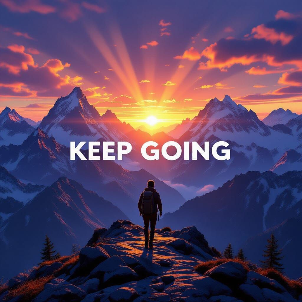 Lone Hiker Ascends to Sunrise in Detailed Matte Painting