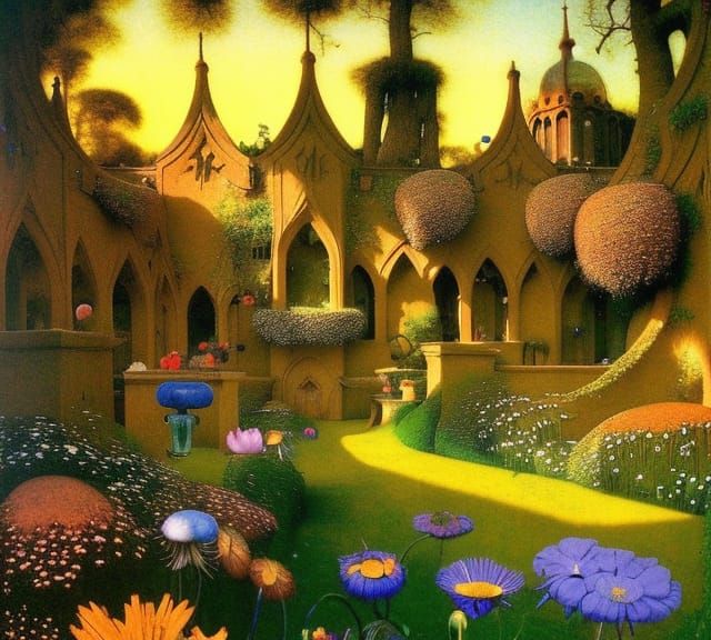 Sunrise Garden with Gothic Archways and Lanterns