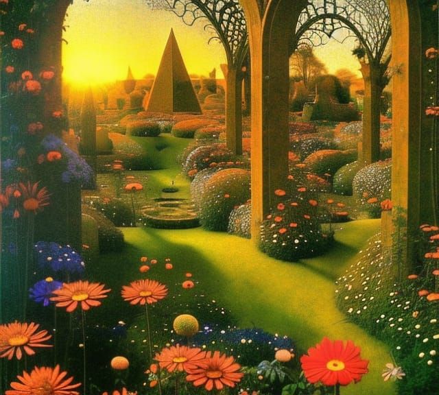 Exquisite Sunrise Garden with Gothic Archways in Art Nouveau