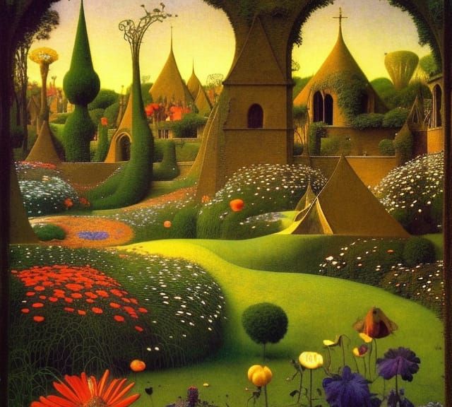 Sunrise Garden with Gothic Archways, Art Nouveau Style