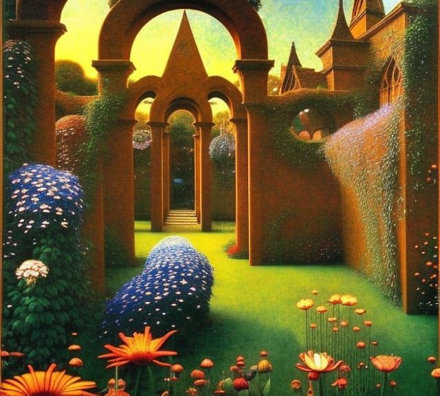 Sunrise Garden with Wildflowers in Art Nouveau Style