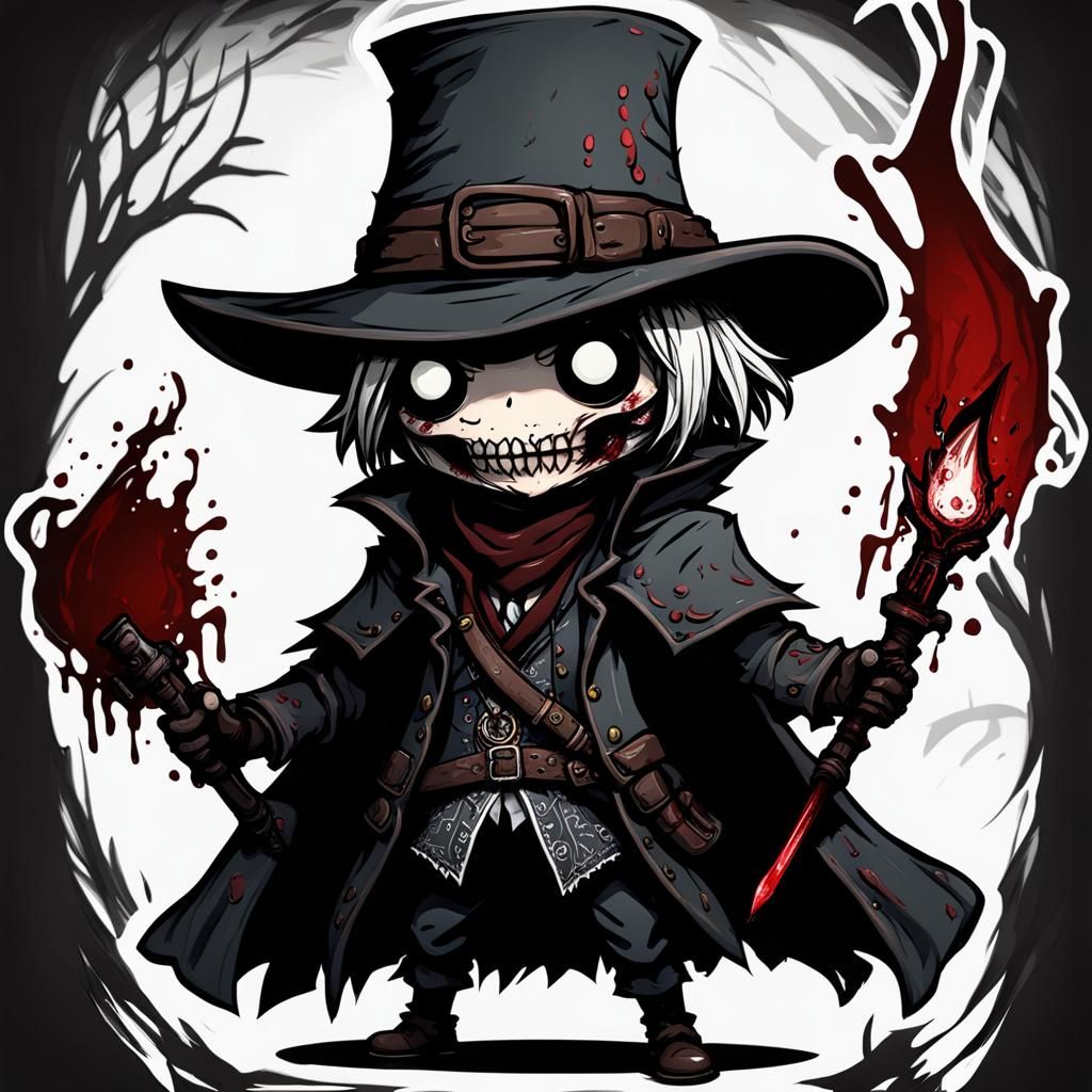 Chibi Bloodborne Hunter in a Dark, Bloody Scene