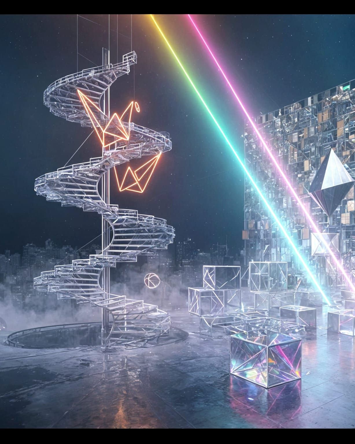 Surreal Floating Staircase with Neon Origami Birds