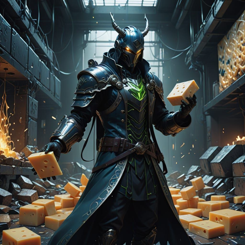 Surreal Figure Amidst Chaos, Holding Cheese in a Dark, Indus...