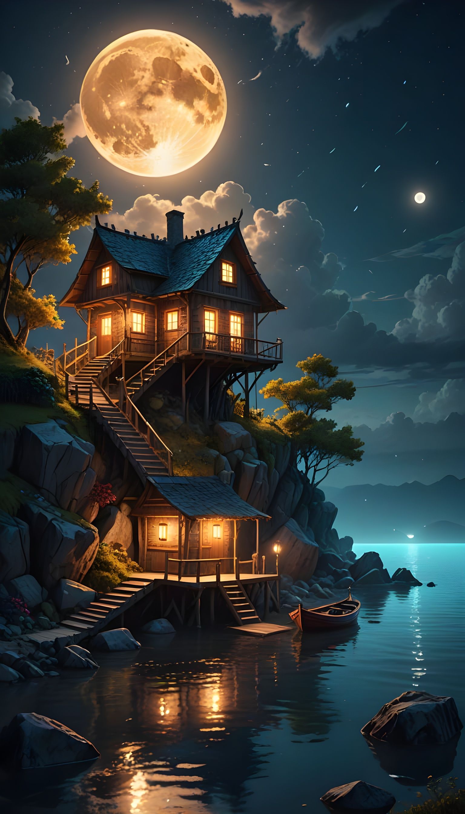 Enchanting Lakeside Home Under Moonlight