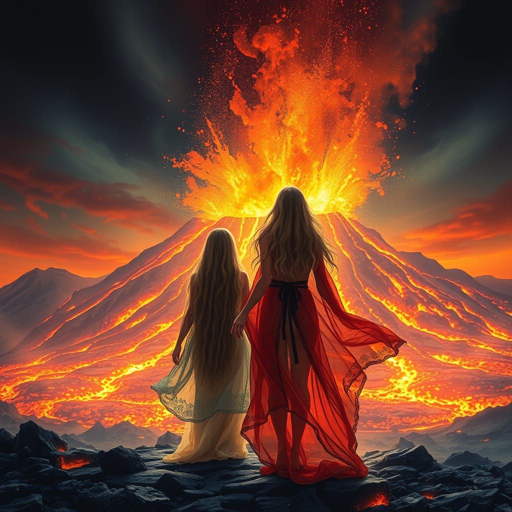 Volcanic Eruption with Women in Glass Dresses